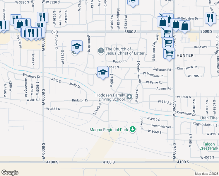 map of restaurants, bars, coffee shops, grocery stores, and more near 3772 Adams Road in Magna