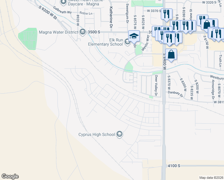 map of restaurants, bars, coffee shops, grocery stores, and more near 8703 West Beckville Drive in Magna