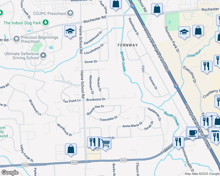 map of restaurants, bars, coffee shops, grocery stores, and more near 108 Whitney Drive in Cranberry Township