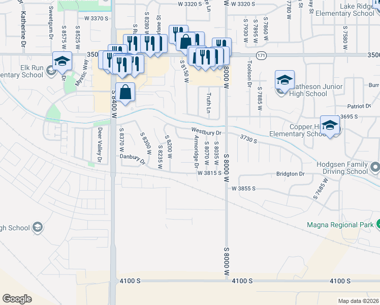 map of restaurants, bars, coffee shops, grocery stores, and more near 8129 Armoridge Circle South in Magna