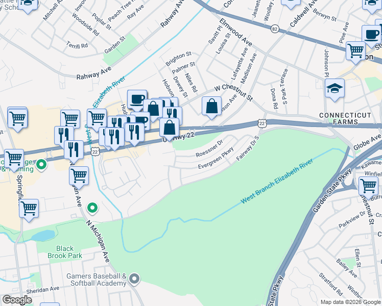 map of restaurants, bars, coffee shops, grocery stores, and more near 708 Roessner Drive in Union