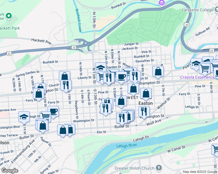 map of restaurants, bars, coffee shops, grocery stores, and more near 1154 Northampton Street in Easton