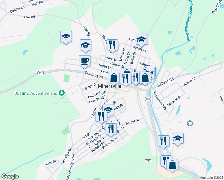 map of restaurants, bars, coffee shops, grocery stores, and more near 221 South Street in Minersville