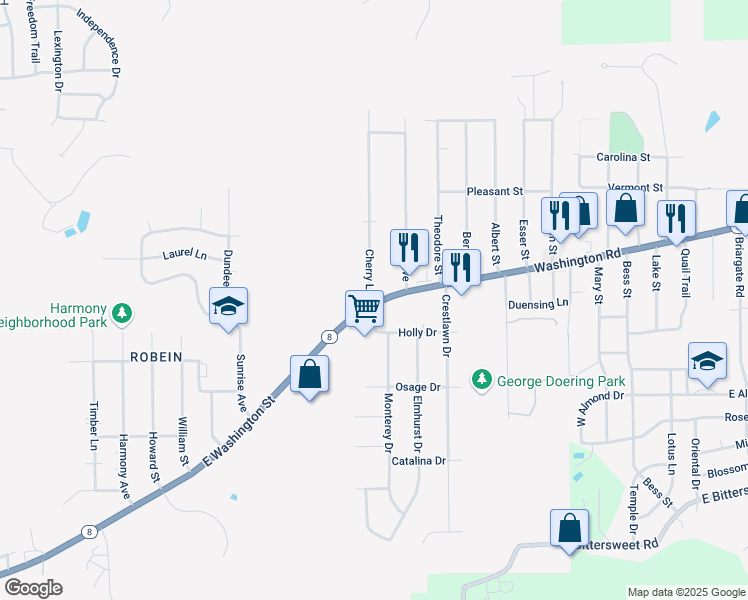 map of restaurants, bars, coffee shops, grocery stores, and more near 100 Cherry Lane in Washington