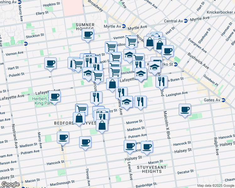 map of restaurants, bars, coffee shops, grocery stores, and more near 181 Lewis Avenue in Brooklyn
