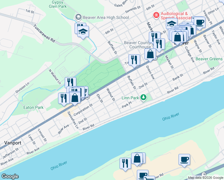 map of restaurants, bars, coffee shops, grocery stores, and more near 1336 Corporation Street in Beaver