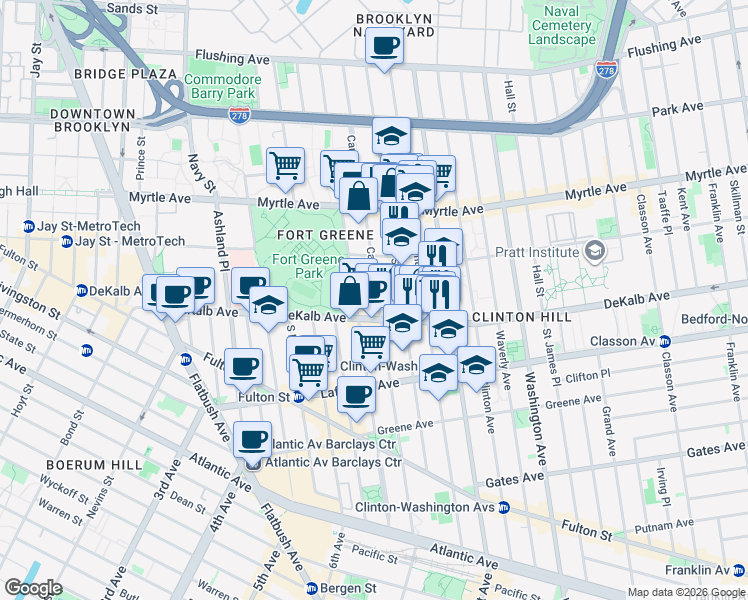 map of restaurants, bars, coffee shops, grocery stores, and more near 242 Carlton Avenue in Brooklyn