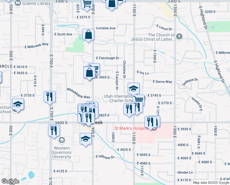 map of restaurants, bars, coffee shops, grocery stores, and more near 3724 South Carolyn Street in Millcreek
