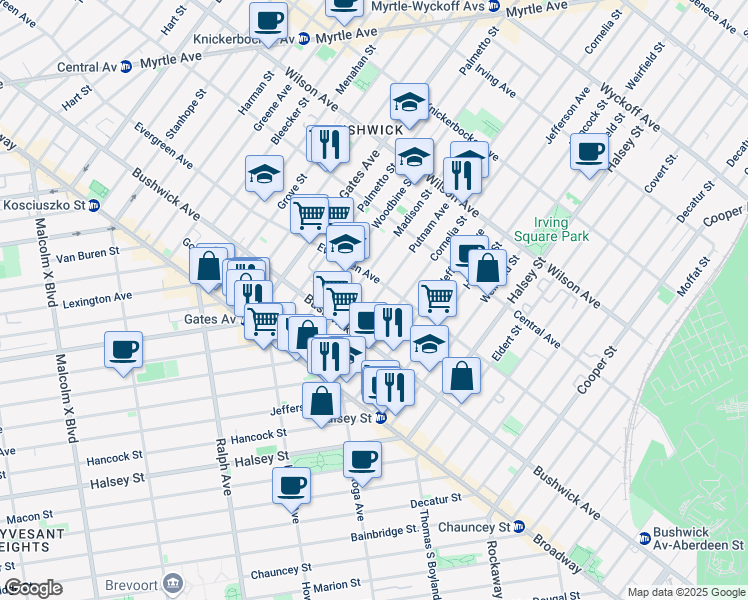 map of restaurants, bars, coffee shops, grocery stores, and more near 1052 Madison Street in Brooklyn