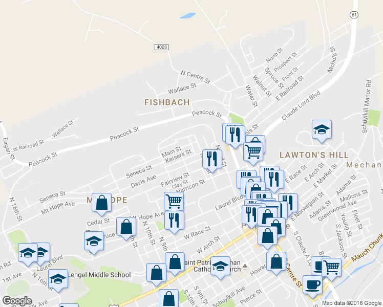 map of restaurants, bars, coffee shops, grocery stores, and more near 320 Spring Garden Street in Pottsville