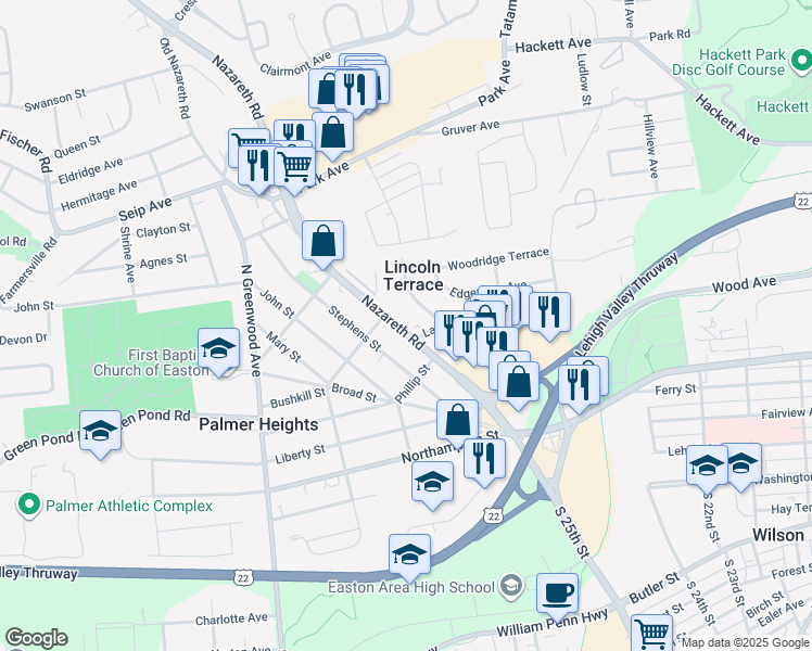 map of restaurants, bars, coffee shops, grocery stores, and more near 2645 Nazareth Road in Easton