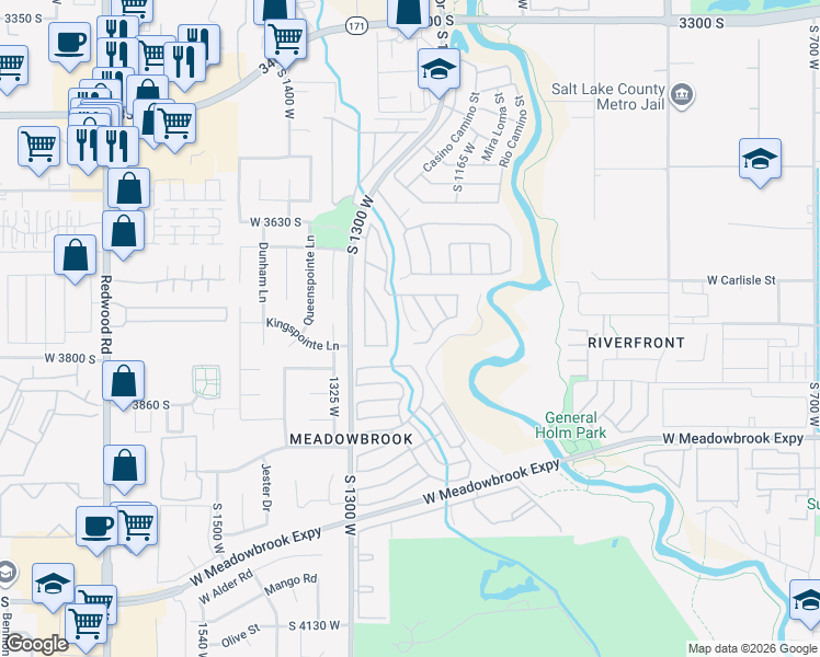 map of restaurants, bars, coffee shops, grocery stores, and more near 3692 Meadow Stream Road in West Valley City