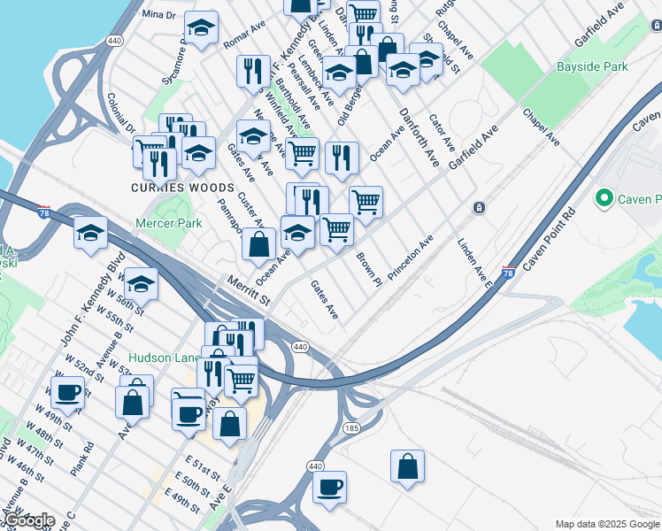map of restaurants, bars, coffee shops, grocery stores, and more near 160 Garfield Avenue in Jersey City