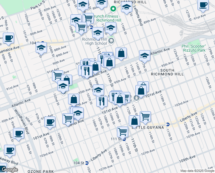 map of restaurants, bars, coffee shops, grocery stores, and more near 110-6 95th Avenue in Queens