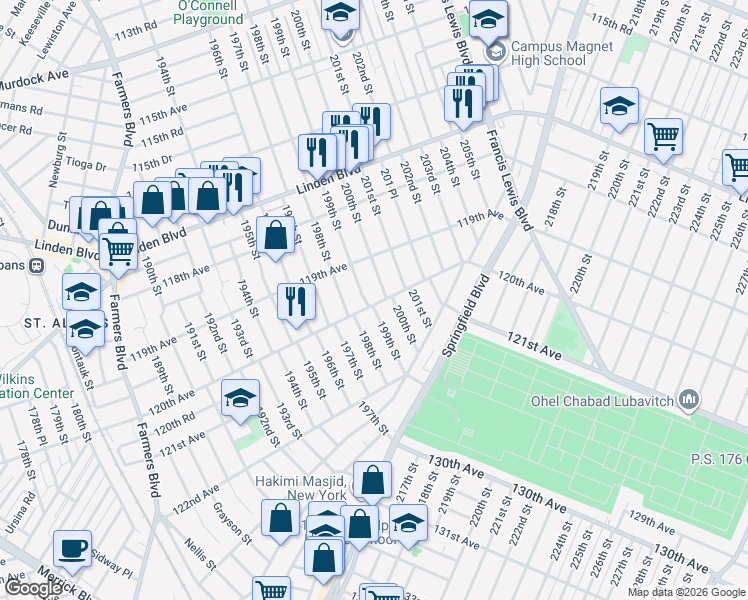 map of restaurants, bars, coffee shops, grocery stores, and more near 119-43 200th Street in Queens
