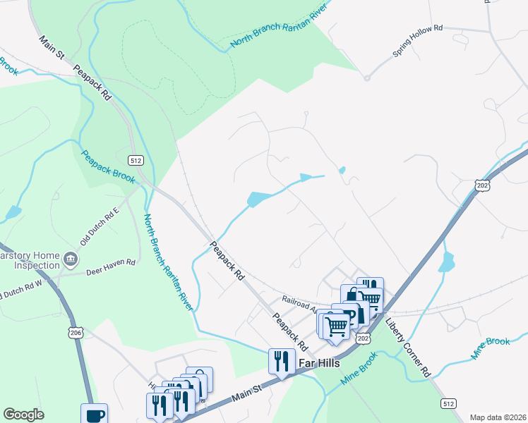 map of restaurants, bars, coffee shops, grocery stores, and more near 101 Sunny Branch Road in Far Hills