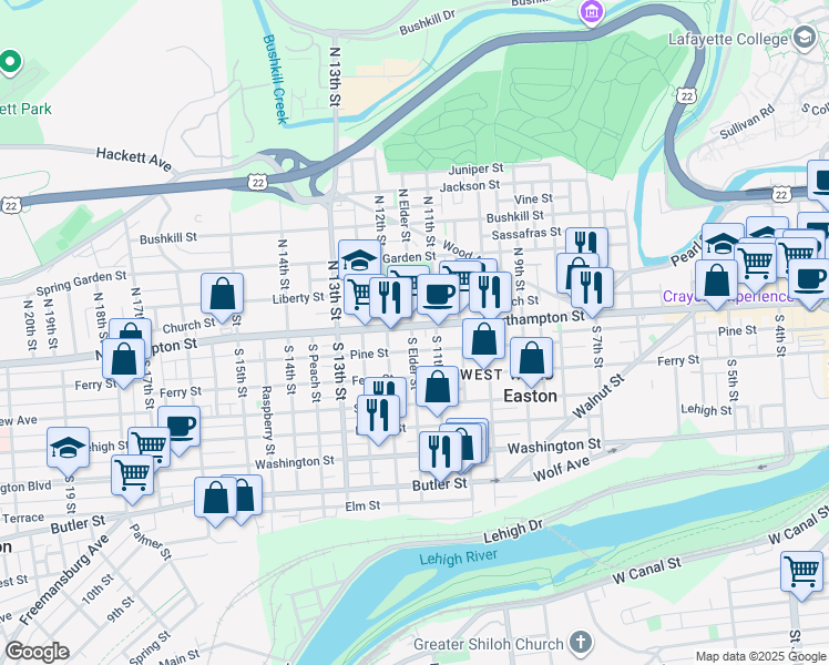 map of restaurants, bars, coffee shops, grocery stores, and more near 1127 Northampton Street in Easton