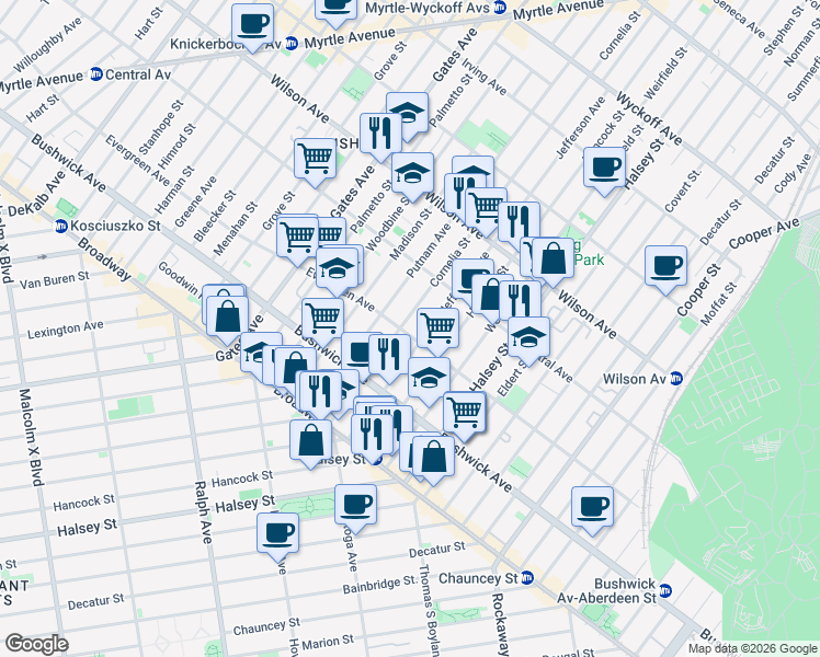 map of restaurants, bars, coffee shops, grocery stores, and more near 521 Evergreen Avenue in Brooklyn