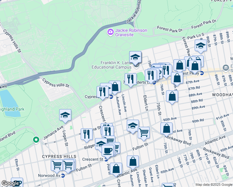 map of restaurants, bars, coffee shops, grocery stores, and more near Jamaica Avenue & Autumn Avenue in Brooklyn