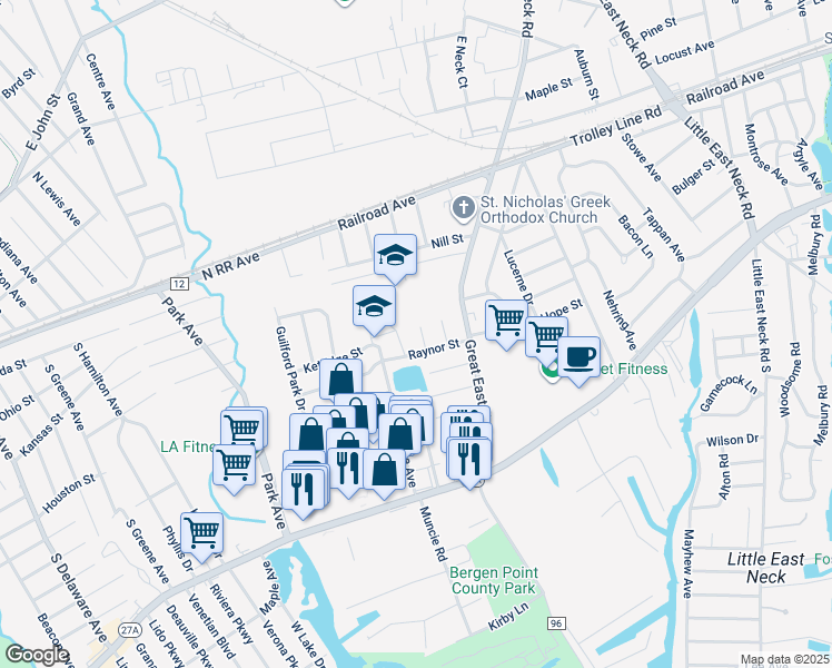 map of restaurants, bars, coffee shops, grocery stores, and more near 10 Malcolm Street in West Babylon