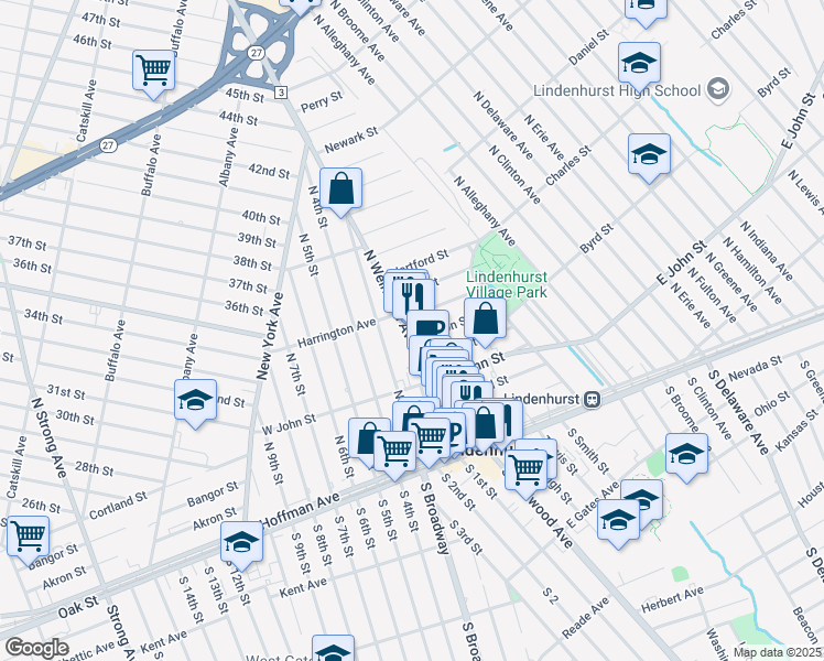 map of restaurants, bars, coffee shops, grocery stores, and more near 299 North Wellwood Avenue in Lindenhurst