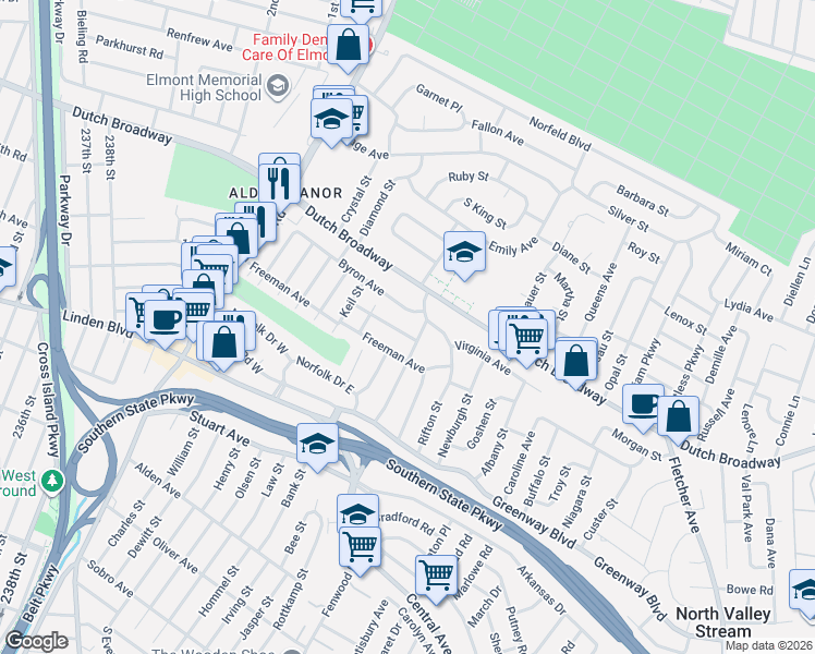 map of restaurants, bars, coffee shops, grocery stores, and more near 182 Landford Drive in Elmont
