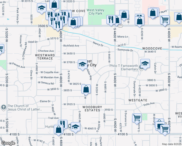map of restaurants, bars, coffee shops, grocery stores, and more near 3753 Atlas Way in West Valley City