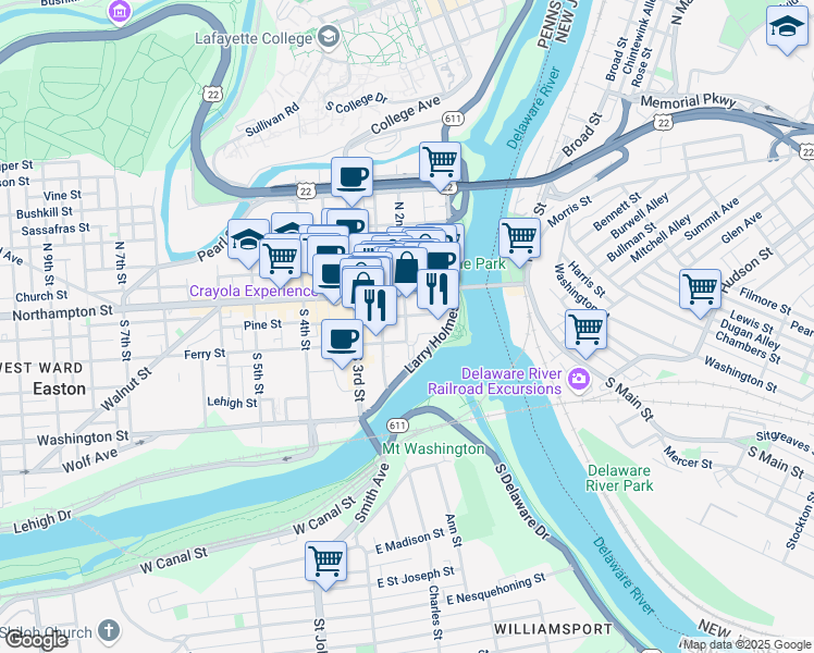 map of restaurants, bars, coffee shops, grocery stores, and more near 42 South 2nd Street in Easton
