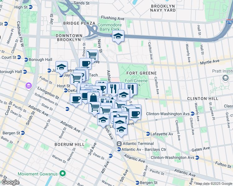 map of restaurants, bars, coffee shops, grocery stores, and more near 117 Dekalb Avenue in Brooklyn