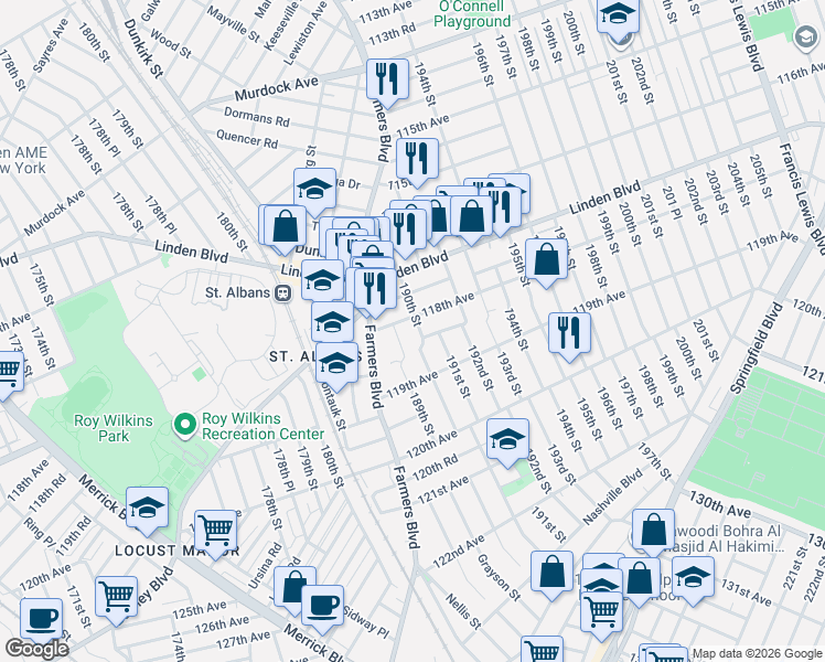 map of restaurants, bars, coffee shops, grocery stores, and more near 189-4 118th Avenue in Queens