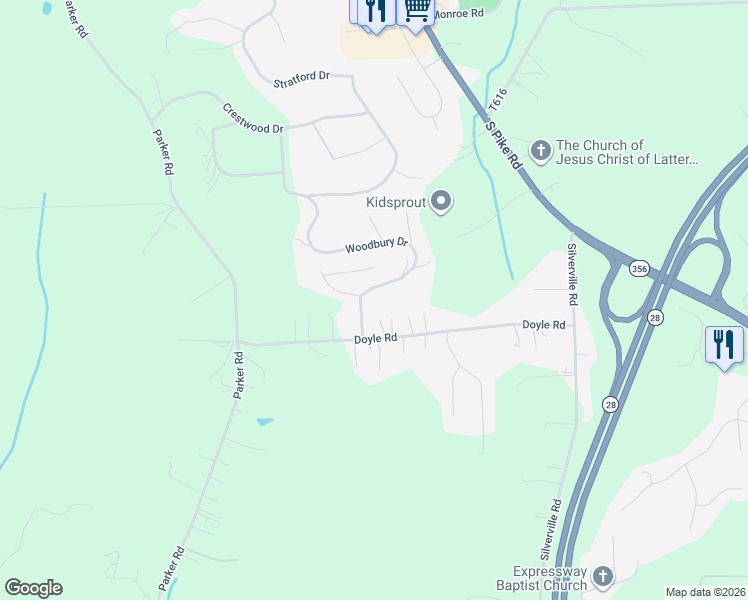map of restaurants, bars, coffee shops, grocery stores, and more near 107 Woodbury Drive in Sarver