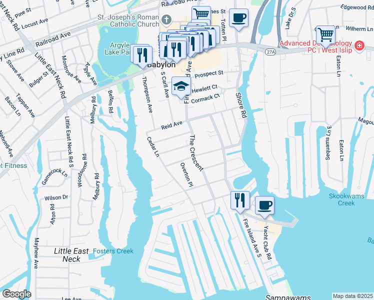 map of restaurants, bars, coffee shops, grocery stores, and more near 50 The Crescent in Babylon