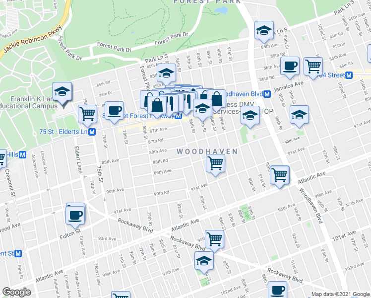 map of restaurants, bars, coffee shops, grocery stores, and more near 80-88 88th Avenue in Queens