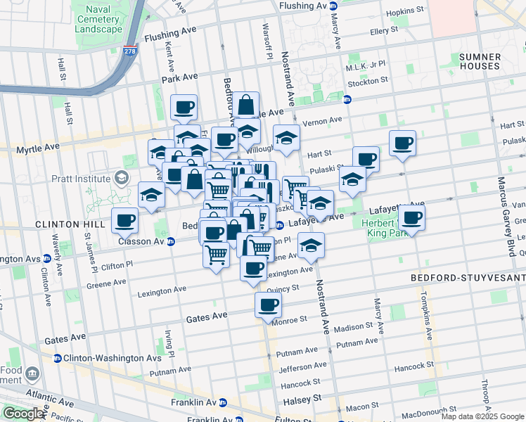 map of restaurants, bars, coffee shops, grocery stores, and more near Kosciuszko Street & Spencer Court in Brooklyn