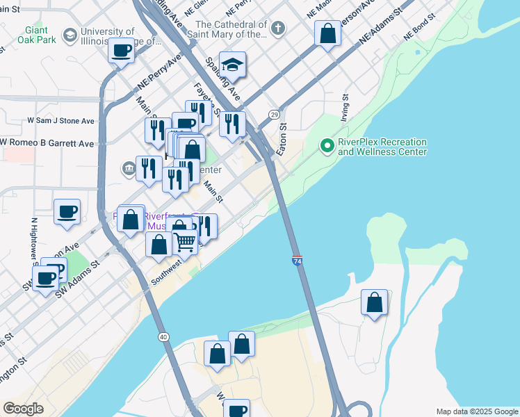 map of restaurants, bars, coffee shops, grocery stores, and more near 200 Northeast Water Street in Peoria