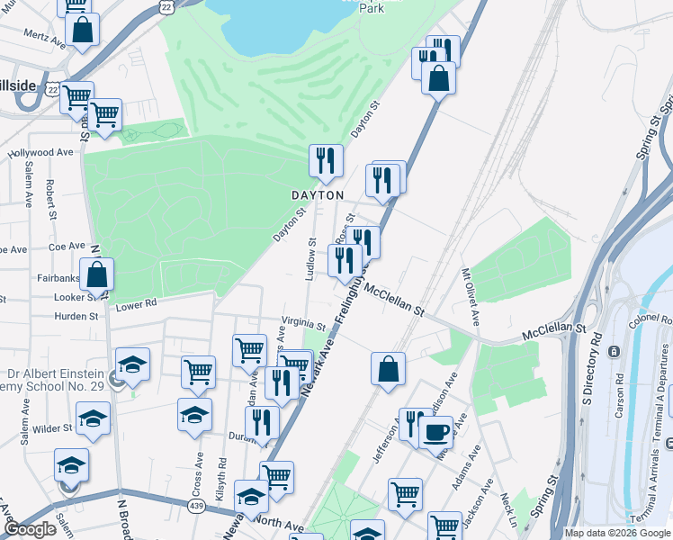 map of restaurants, bars, coffee shops, grocery stores, and more near 22 Van Vechten Street in Newark
