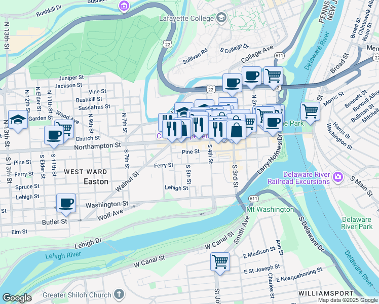 map of restaurants, bars, coffee shops, grocery stores, and more near 24 South 5th Street in Easton