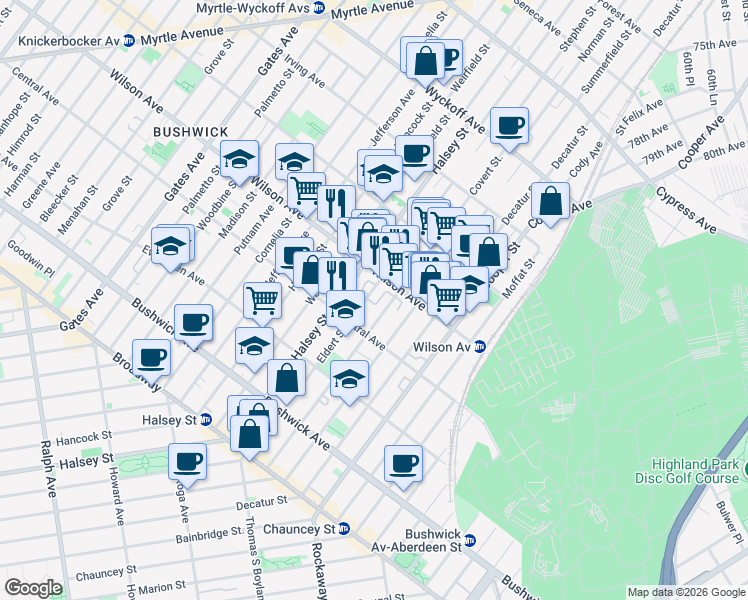 map of restaurants, bars, coffee shops, grocery stores, and more near 185 Eldert Street in Brooklyn