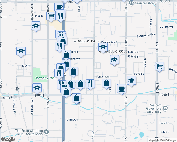 map of restaurants, bars, coffee shops, grocery stores, and more near 3697 McCall Street East in South Salt Lake