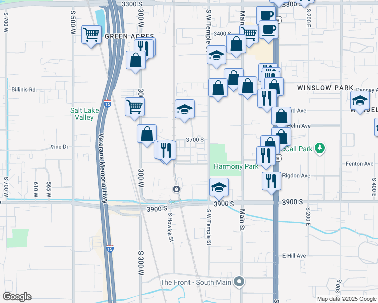map of restaurants, bars, coffee shops, grocery stores, and more near 3713 South Luchars Lane in South Salt Lake