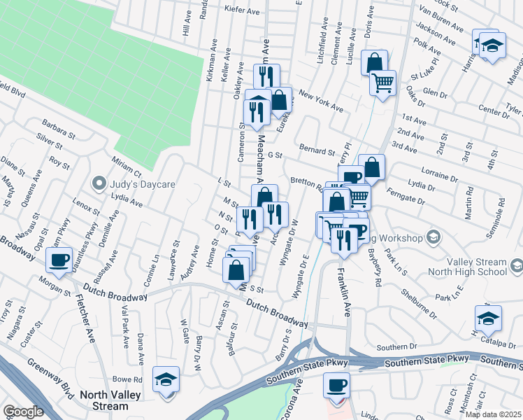 map of restaurants, bars, coffee shops, grocery stores, and more near in Elmont