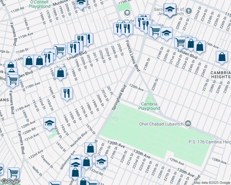 map of restaurants, bars, coffee shops, grocery stores, and more near 120-35 Nashville Boulevard in Queens