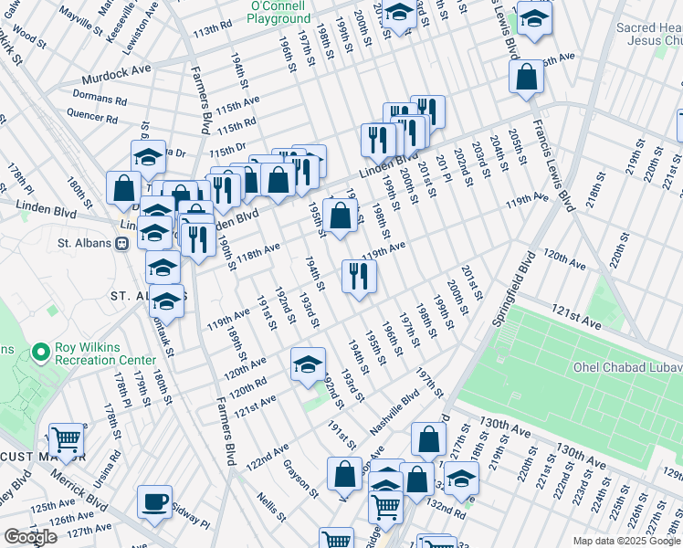 map of restaurants, bars, coffee shops, grocery stores, and more near 195-16 119th Avenue in Queens