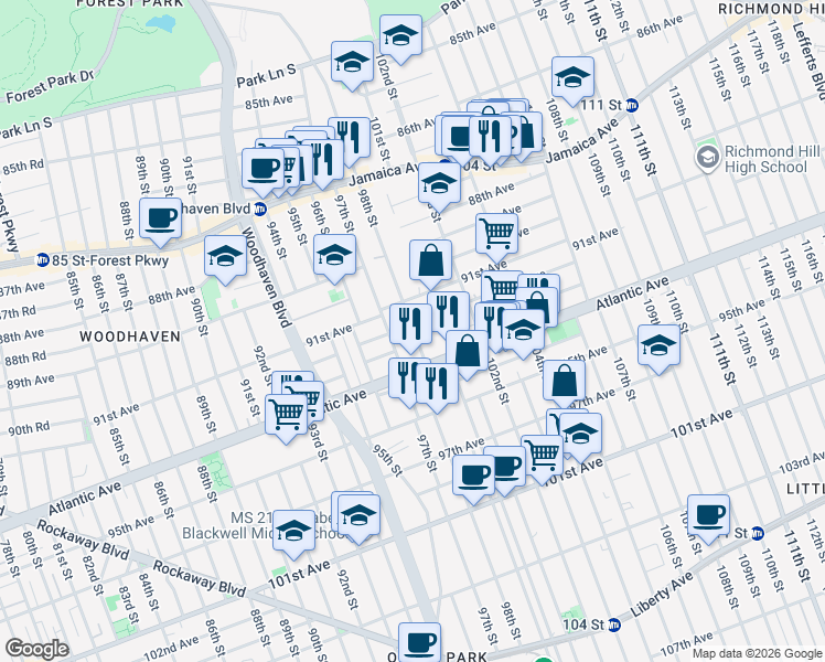 map of restaurants, bars, coffee shops, grocery stores, and more near 91-29 98th Street in Queens