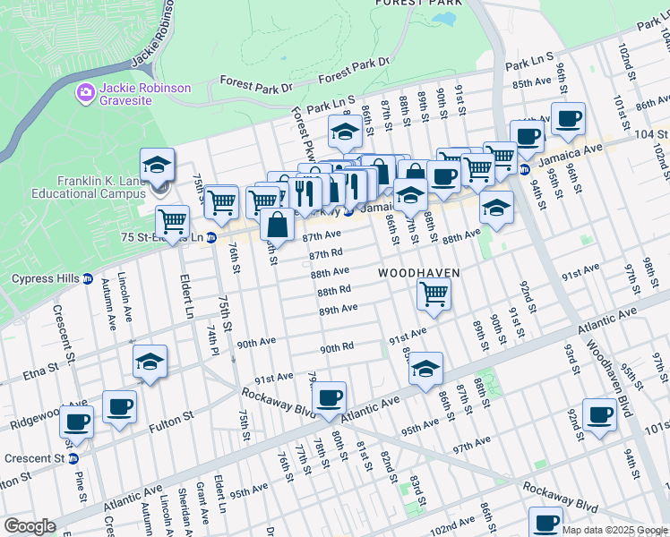 map of restaurants, bars, coffee shops, grocery stores, and more near 80-45 88th Avenue in Queens