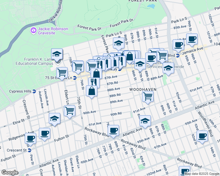 map of restaurants, bars, coffee shops, grocery stores, and more near 87-31 80th Street in Queens