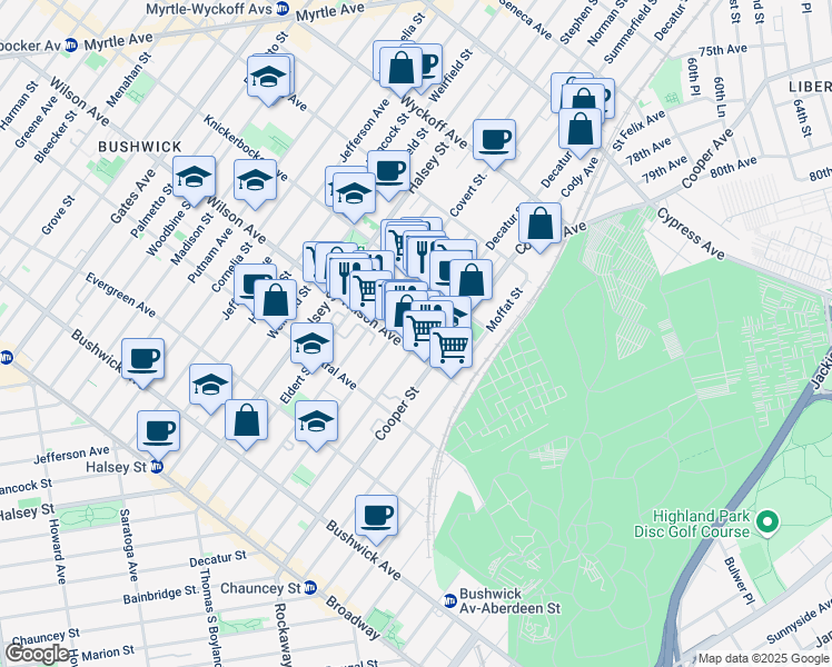 map of restaurants, bars, coffee shops, grocery stores, and more near 220 Schaefer Street in Brooklyn