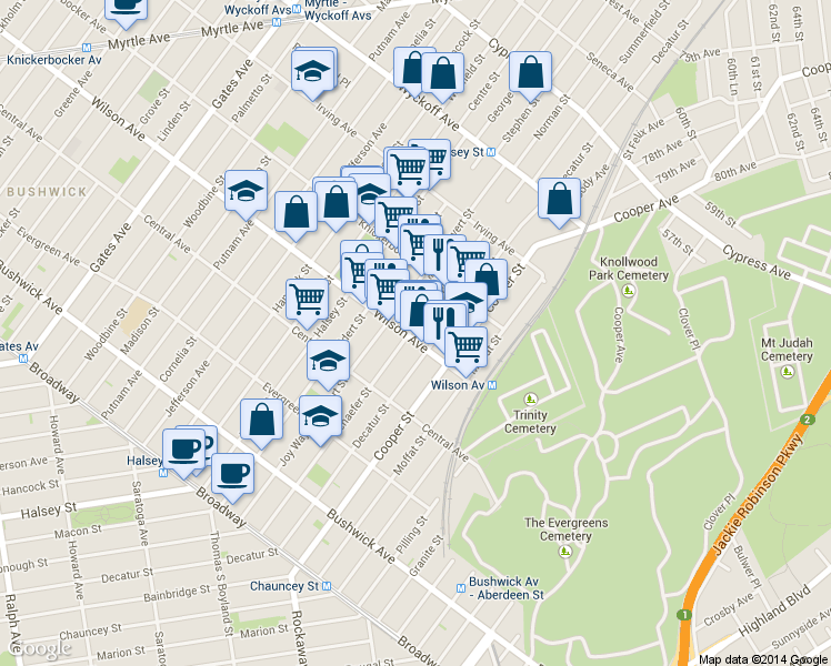 map of restaurants, bars, coffee shops, grocery stores, and more near 220 Schaefer Street in Brooklyn