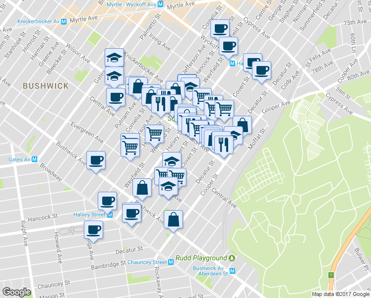 map of restaurants, bars, coffee shops, grocery stores, and more near 185 Eldert Street in Brooklyn