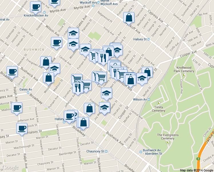 map of restaurants, bars, coffee shops, grocery stores, and more near 1155 Halsey Street in Brooklyn